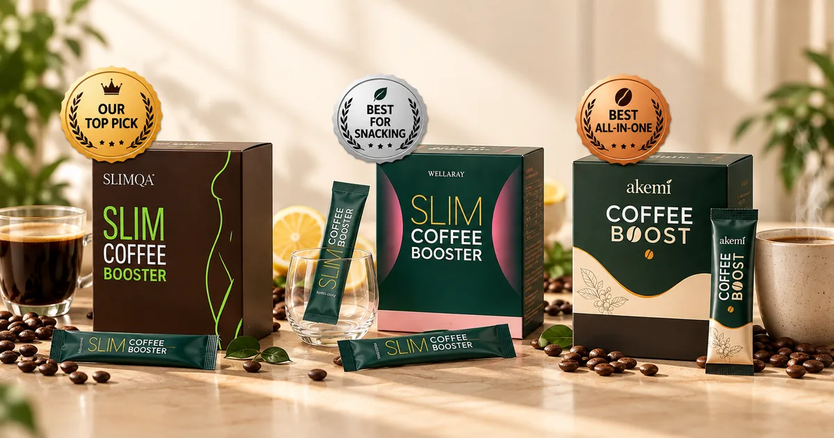 Slimqa, Wellaray and Akemi Slim Coffee Booster boxes with sachets and coffee: Slimqa our top pick, Wellaray best for snacking, Akemi best all-in-one